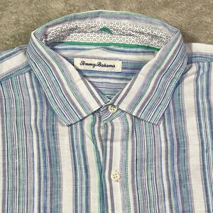 Tommy Bahama Men's Large Striped‎ Linen Blend Button Up Shirt Casual Blue White